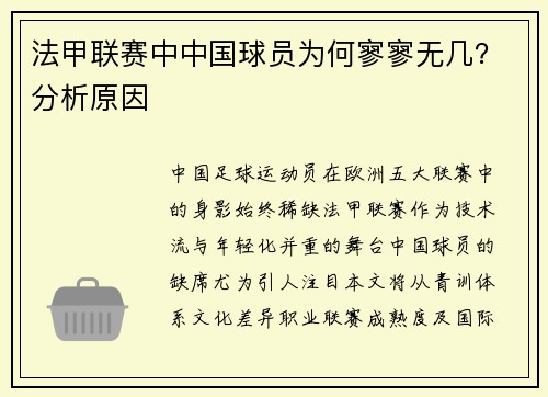 法甲联赛中中国球员为何寥寥无几？分析原因